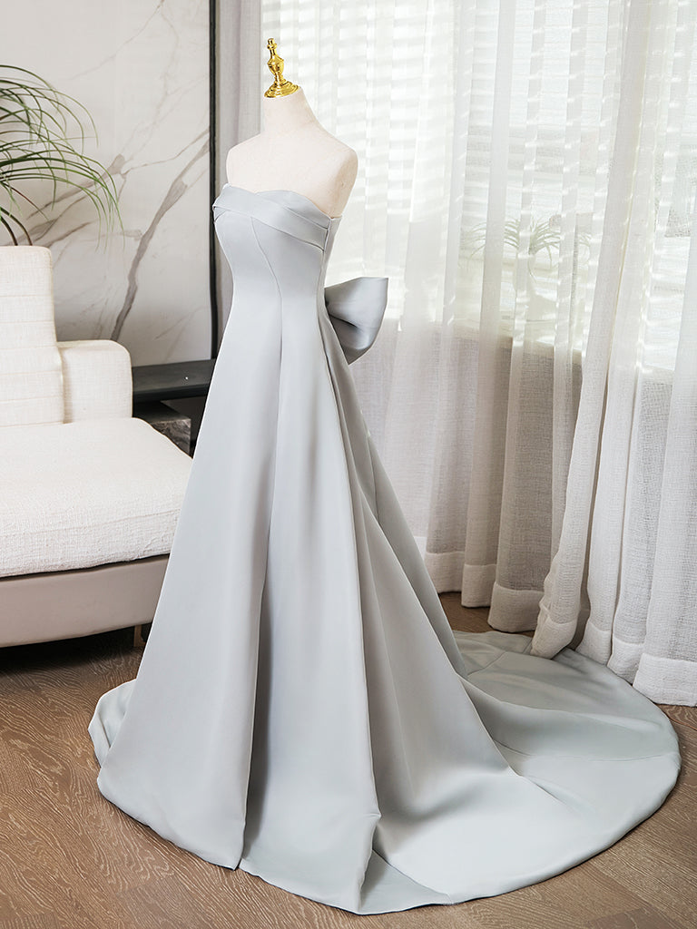 A-Line Sweetheart Neck Satin Gray Long Prom Dress, Gray Long Formal Dress