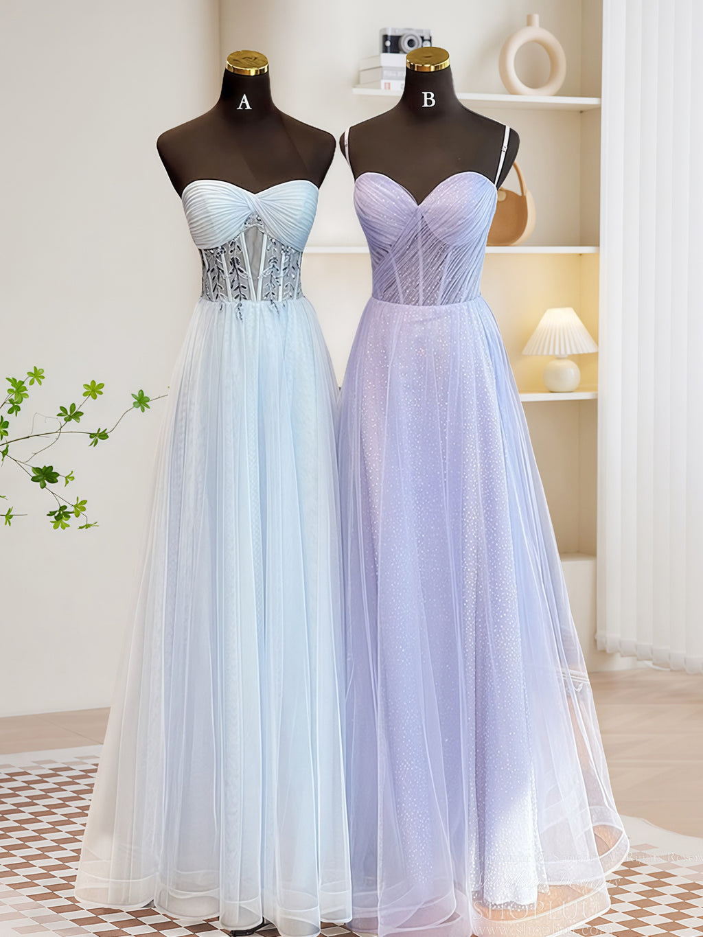 A-Line Sweetheart Neck Tulle Long Blue Prom Dress, Blue Long Formal Dress