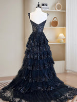 A-Line Tulle Sequin Black Long Prom Dress, Black Sequin Long Formal Dress