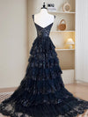 A-Line Tulle Sequin Dark Blue Long Prom Dress, Dark Blue Sequin Long Formal Dress