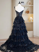 A-Line Tulle Sequin Dark Blue Long Prom Dress, Dark Blue Sequin Long Formal Dress