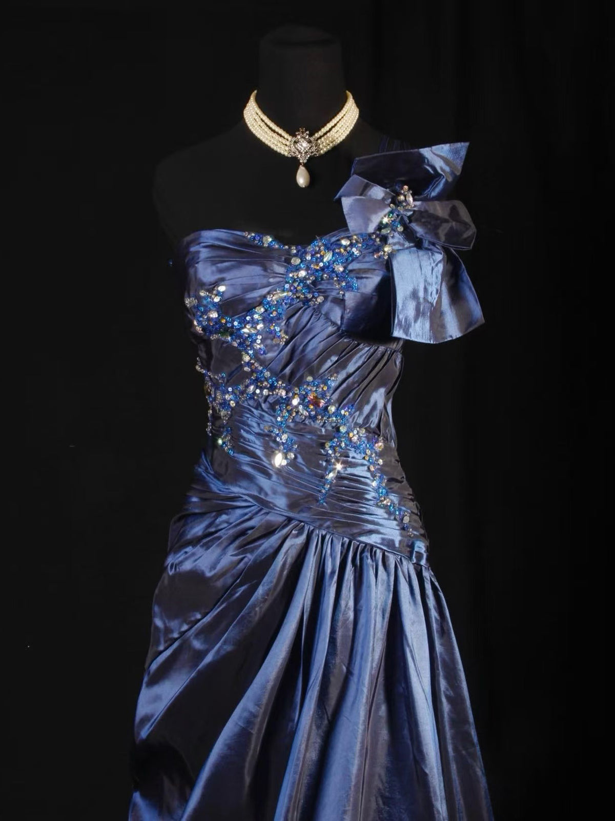 A-line Sweetheart Neck Off Shoulder Taffeta Dark Blue Long Prom Dress with Sequin Beads