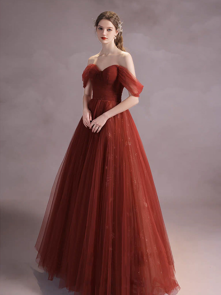 Burgundy Tulle Long A-Line Prom Dress, Off the Shoulder Evening Party Dress US 16 / Burgundy Burgundy Tulle Long A-Line Prom Dress, Off the Shoulder Evening Party Dress US 16 / Burgundy