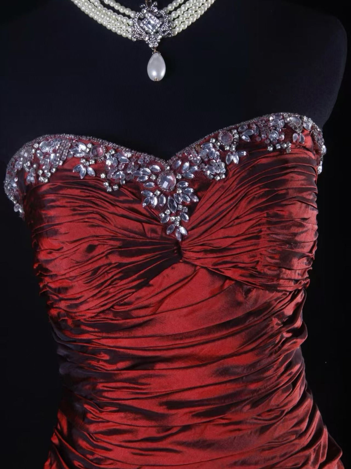 Mermaid Sweetheart Neck Taffeta Ruffles Burgundy Long Prom Dress with Beads
