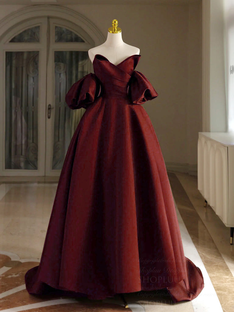 A-Line V Neck Satin Burgundy Long Prom Dress, Burgundy Long Formal Dress