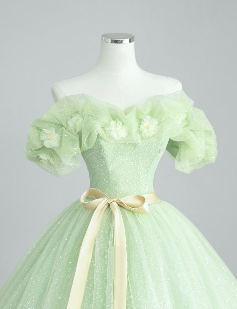 A-Line Off Shoulder Tulle Green Long Prom Dress, Green Sweet 16 Dress