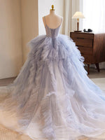 Blue Tulle Long Prom Gown, Blue Tulle Long Sweet 16 Dress
