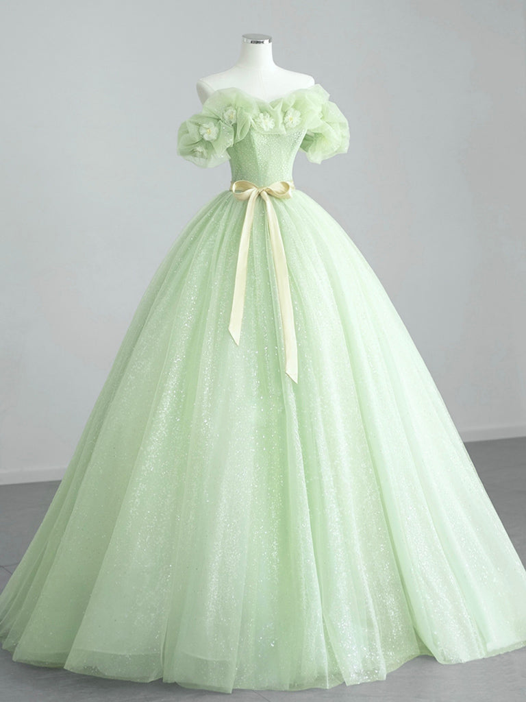A-Line Off Shoulder Tulle Green Long Prom Dress, Green Sweet 16 Dress