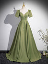 A-Line Short Sleeve Satin Green Long Prom Dress, Green Long Formal Dress