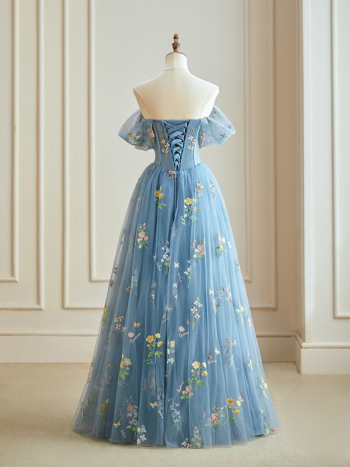 Blue A-Line Tulle Lace Long Prom Dress, Blue Lace Long Formal Dress