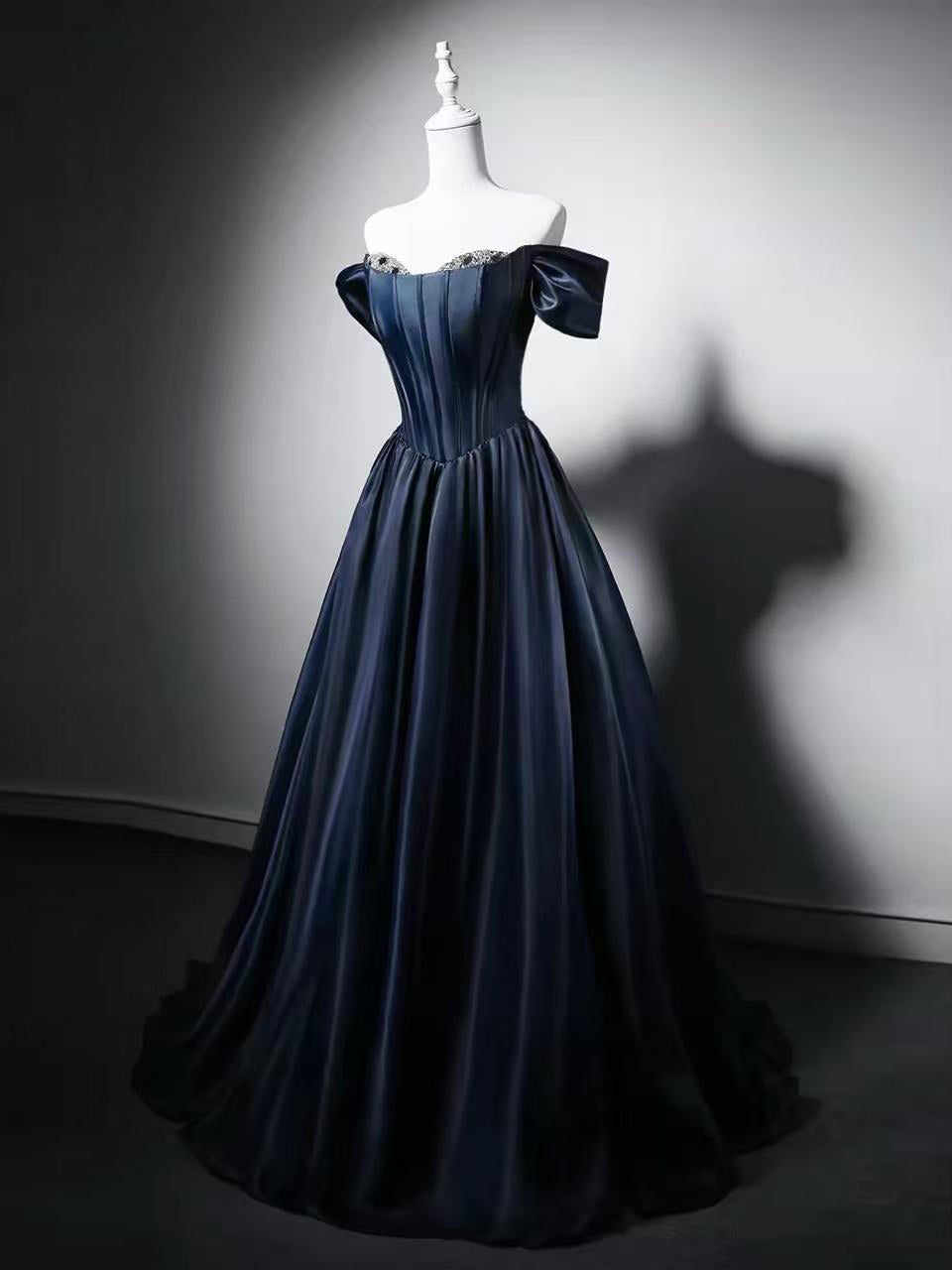 A-line Off Shoulder Sweetheart Neck Satin Long Prom Dress with Sequin