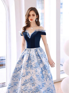 Blue Satin Velvet Long Prom Dress, Blue Long Evening Dress