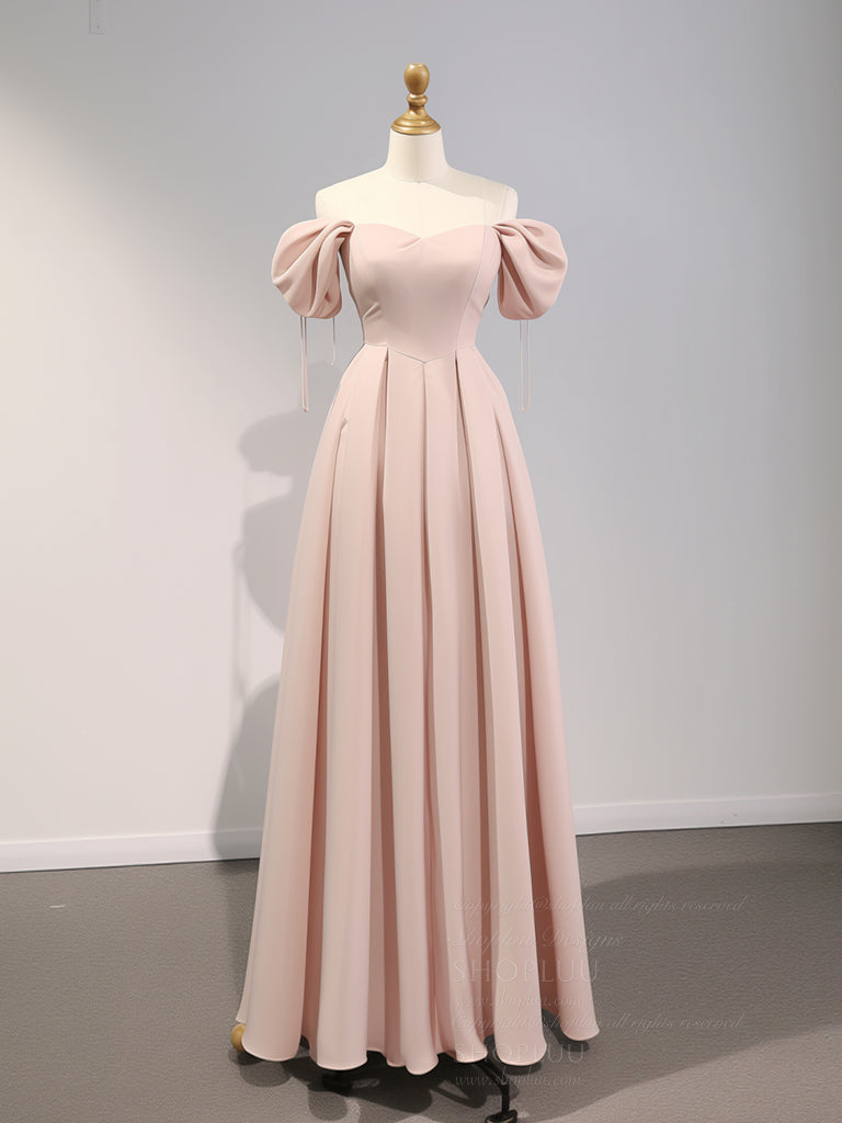A-Line Puff Sleeves Satin Pink Long Prom Dress, Pink Long Bridesmaid D – shopluu