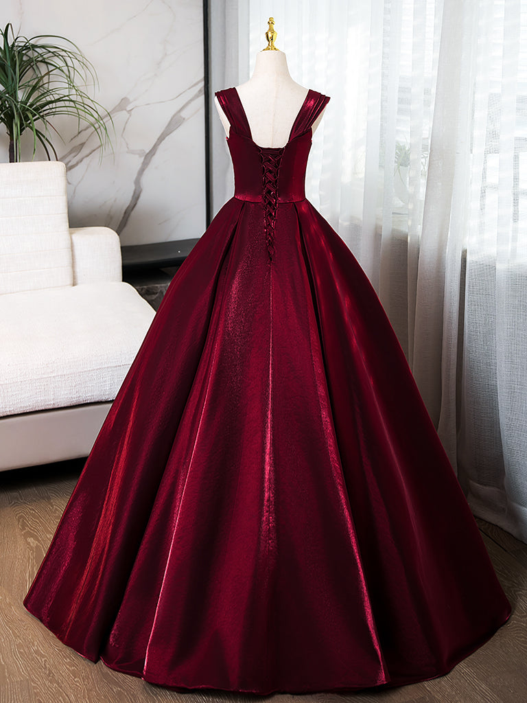 A-Line off Shoulder Satin Burgundy Long Prom Dress, Burgundy Evening Dress with Beads