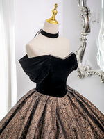 A-Line Off Shoulder Tulle Velvet Black Long Prom Dress, Black Long Formal Dress