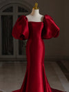 Burgundy Puff Sleeves Satin Burgundy Long Prom Dress, Burgundy Long Evening Dress