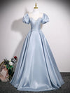 A-Line Puff Sleeves Satin Blue Long Prom Dress, Blue Long Formal Dress