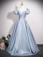 A-Line Puff Sleeves Satin Blue Long Prom Dress, Blue Long Formal Dress