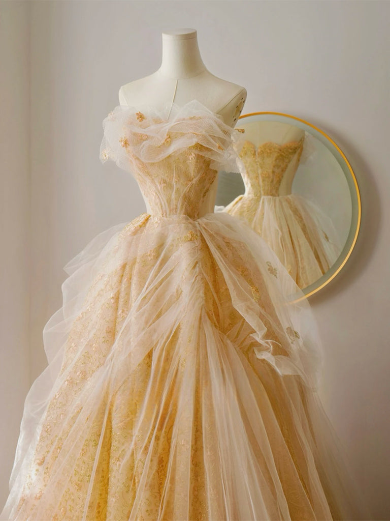 A-Line Tulle Lace Champagne Long Prom Dress, Champagne Long Formal Dress