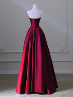 A-Line V Neck Satin Burgundy Long Prom Dress, Burgundy Long Formal Dress