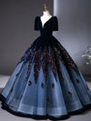 A-Line V Neck Velvet Tulle Dark Blue Long Prom Dress, Dark Blue Long Evening Dress