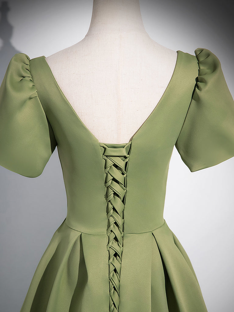 A-Line Short Sleeve Satin Green Long Prom Dress, Green Long Formal Dress US 16 / Custom Color A-Line Short Sleeve Satin Green Long Prom Dress, Green Long Formal Dress US 16 / Custom Color