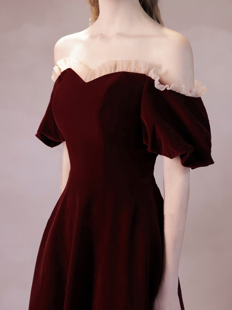 A-Line Burgundy Velvet Long Prom Dress, Burgundy Formal Dress
