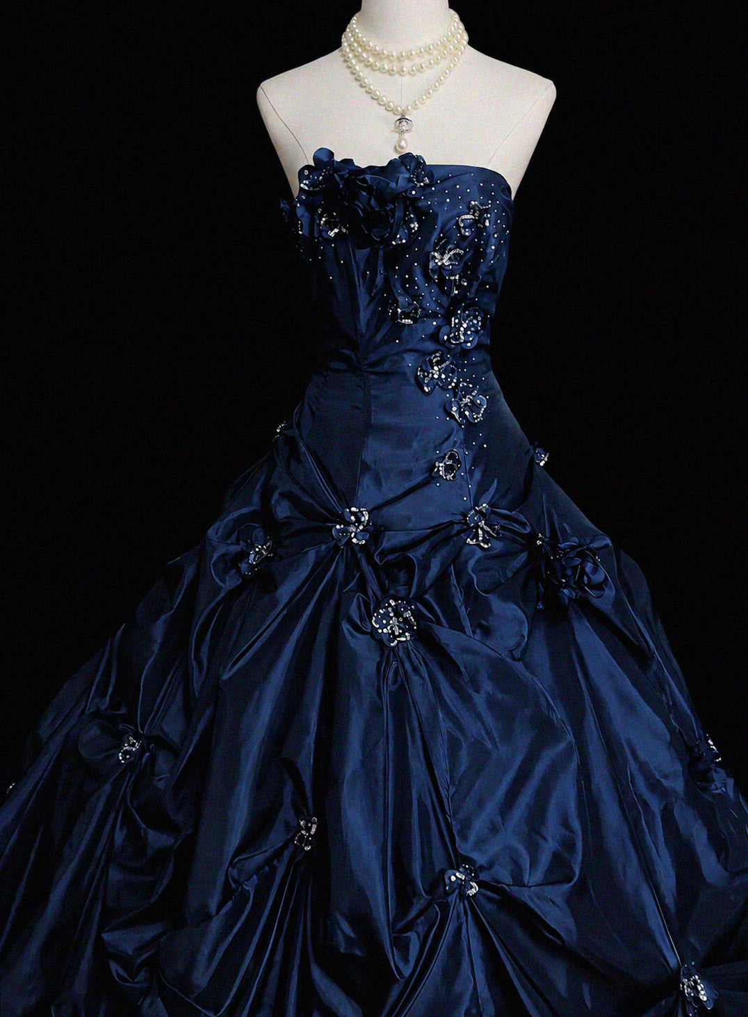 A-line Sweep Train Dark Blue Long Prom Dress with Beads