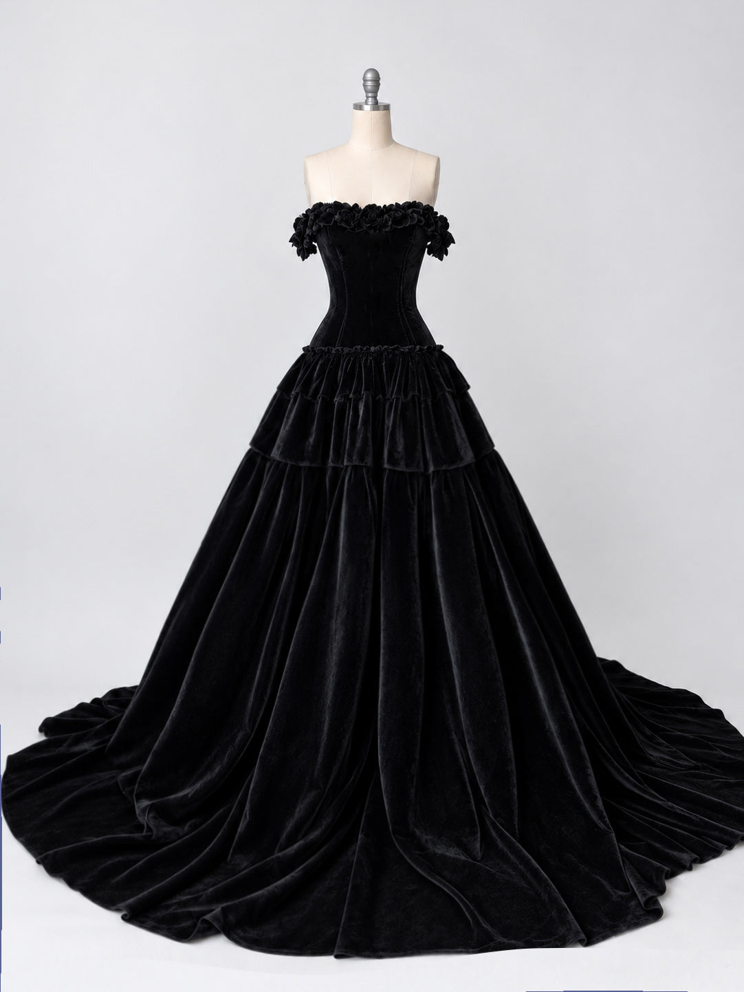 A-line Off Shoulder Sweep Train Velvet Black Long Prom Dress with Flowers