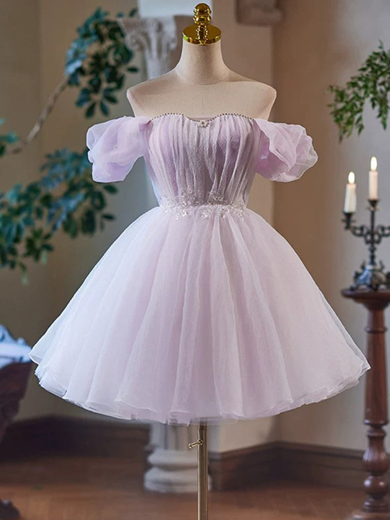 A-Line Sweetheart Neck Tulle Purple Short Prom Dress, Purple Homecoming Dress