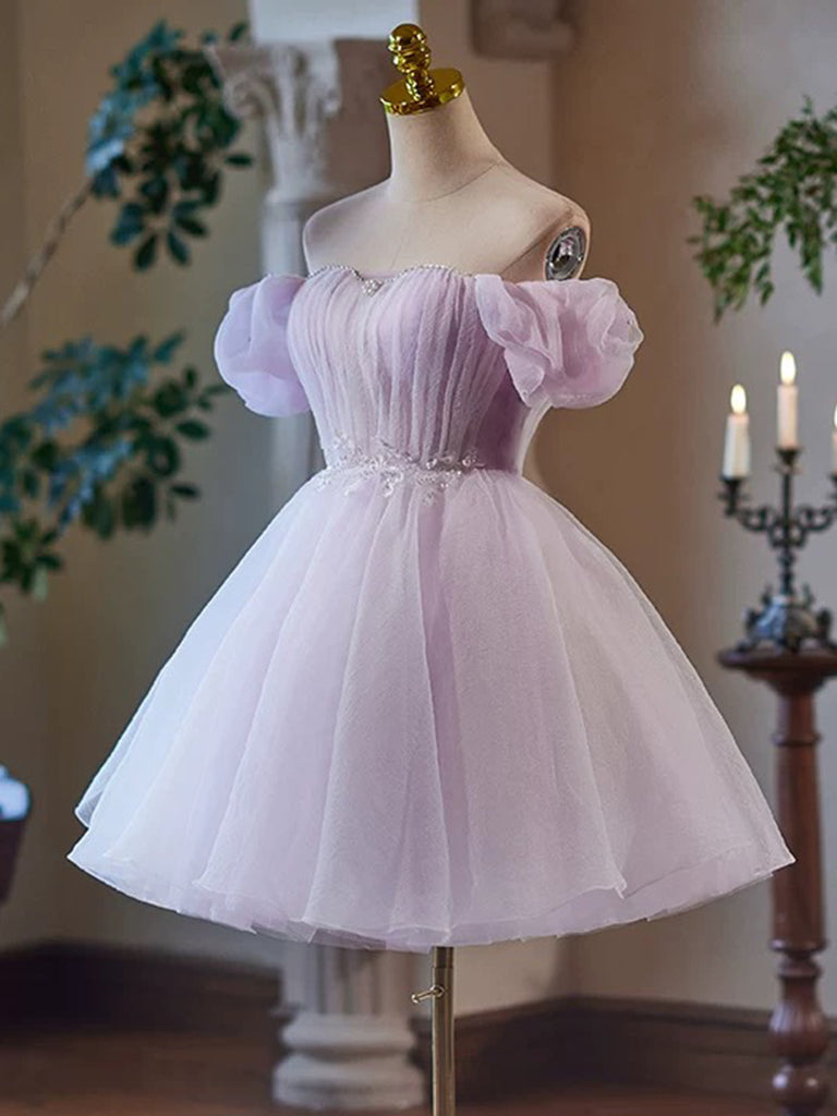 A-Line Sweetheart Neck Tulle Purple Short Prom Dress, Purple Homecoming Dress