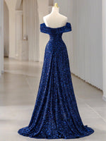 Blue Velvet Sequin Long Prom Dress, Blue Formal Dress