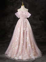 A-Line Off Shoulder Tulle Lace Pink Long Prom Dress, Lace Formal Dress