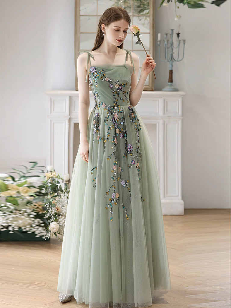 A-Line Tulle Sequin Lace Green Long Prom Dress, Green Long Formal Dress