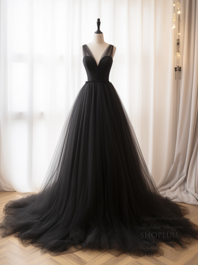 A- Line V Neck Tulle Black Long Prom Dress, Black Tulle Formal Dress