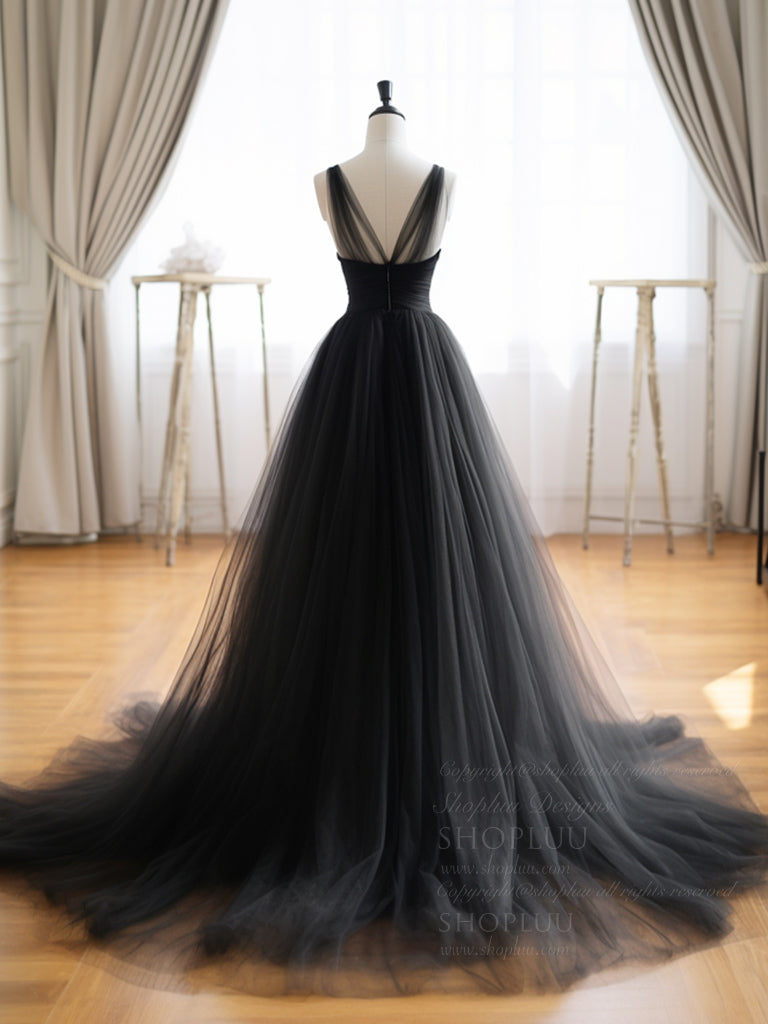 A- Line V Neck Tulle Black Long Prom Dress, Black Tulle Formal Dress ...