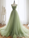 A-Line Sweetheart Neck Tulle Green Long Prom Dress, Green Long Formal Dress