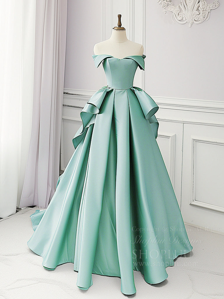 A-Line Off Shoulder Satin Blue Long Prom Dress, Blue Satin Long Formal Dress