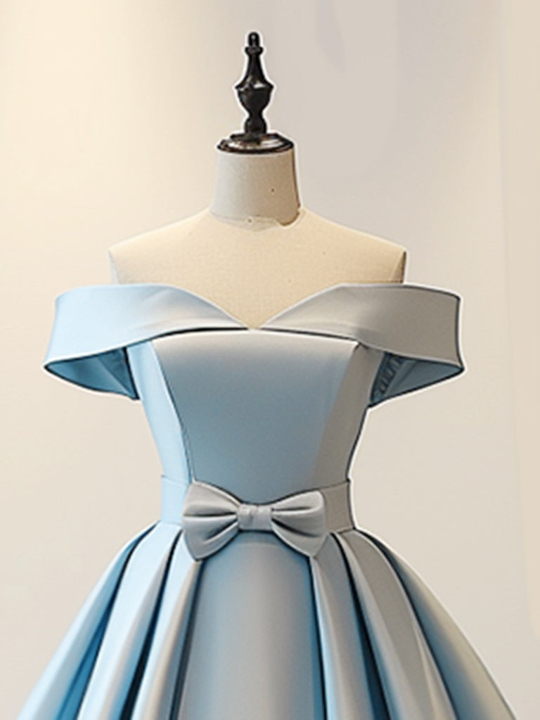 A-Line Off Shoulder Satin Blue Long Prom Dress, Blue Long Evening Dress
