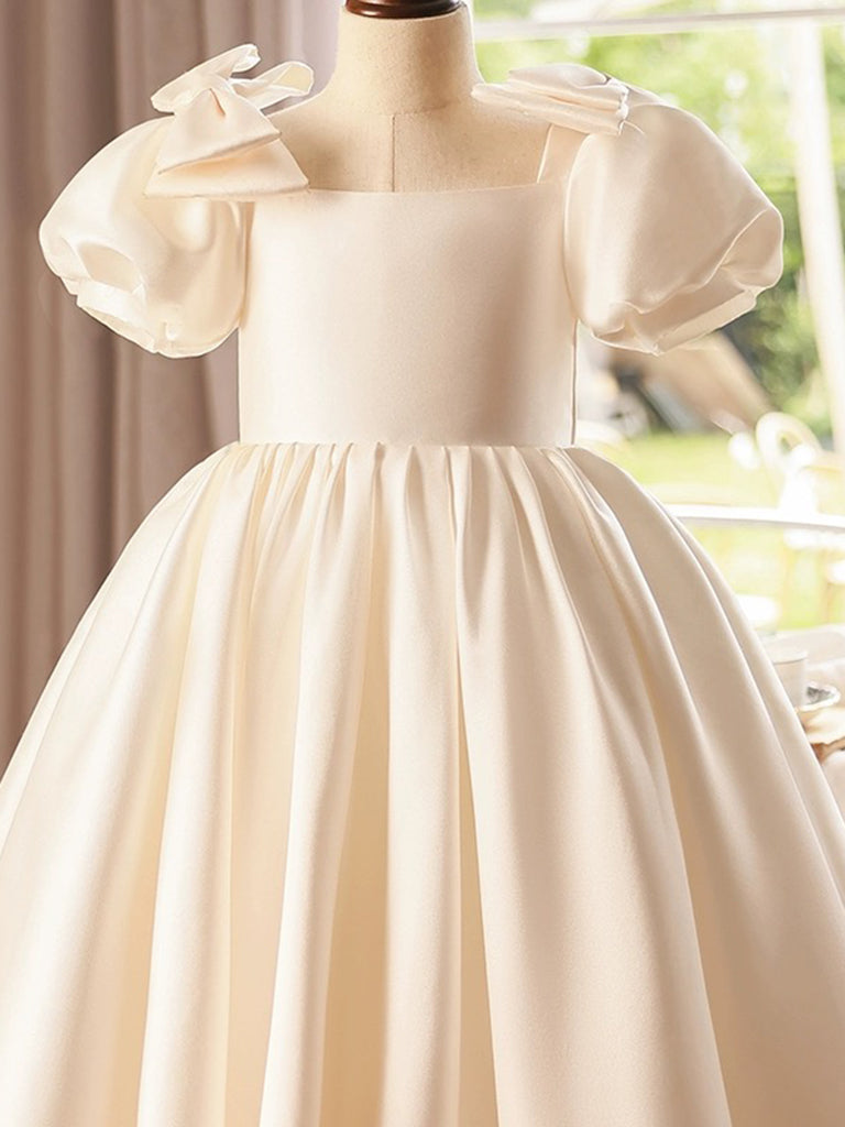 A-Line Puff Sleeves Satin Beige Flower Girl Dress 8 / Beige A-Line Puff Sleeves Satin Beige Flower Girl Dress 8 / Beige