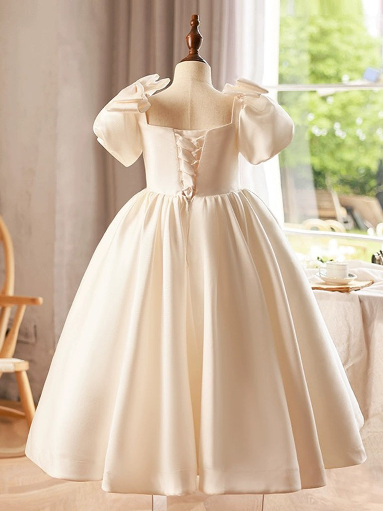 A-Line Puff Sleeves Satin Beige Flower Girl Dress