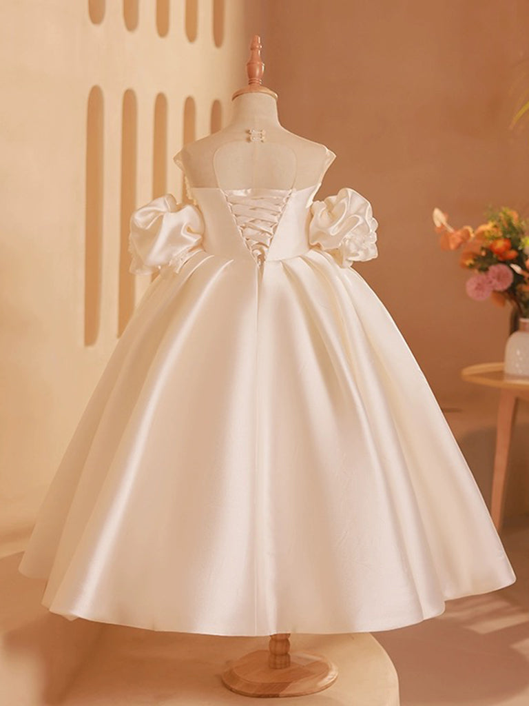 Cute Satin Beige Tea Length Flower Girl Dress 9 / Custom Color Cute Satin Beige Tea Length Flower Girl Dress 9 / Custom Color