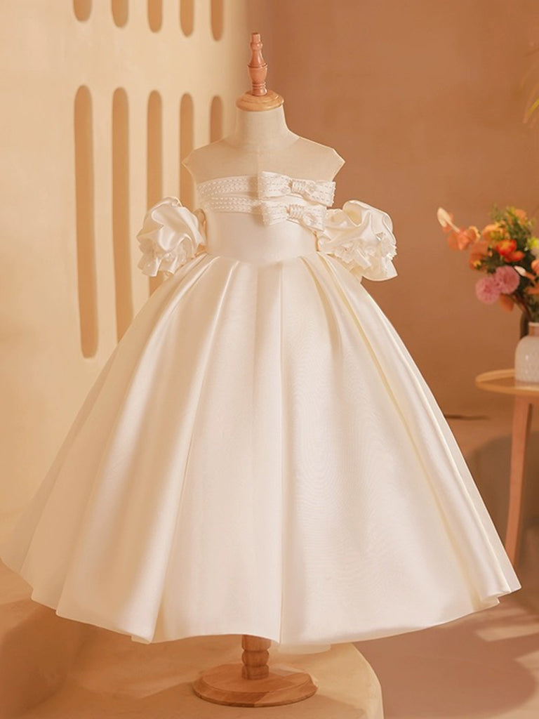 Cute Satin Beige Tea Length Flower Girl Dress