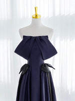 A-Line Satin Dark Blue Long Prom Dress, Dark Blue Long Formal Dress