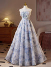 A-Line Sweetheart Neck Flower Blue Long Prom Dress, Blue Evening Dress