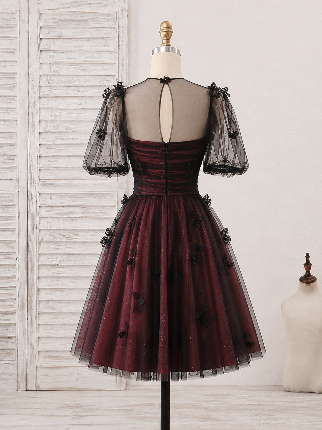 A-line Short Sleeves Tulle Black/Burgundy Homecoming Dress with Butterfly Applique