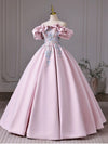 A-Line Off Shoulder Lace Applique Pink Long Prom Dress