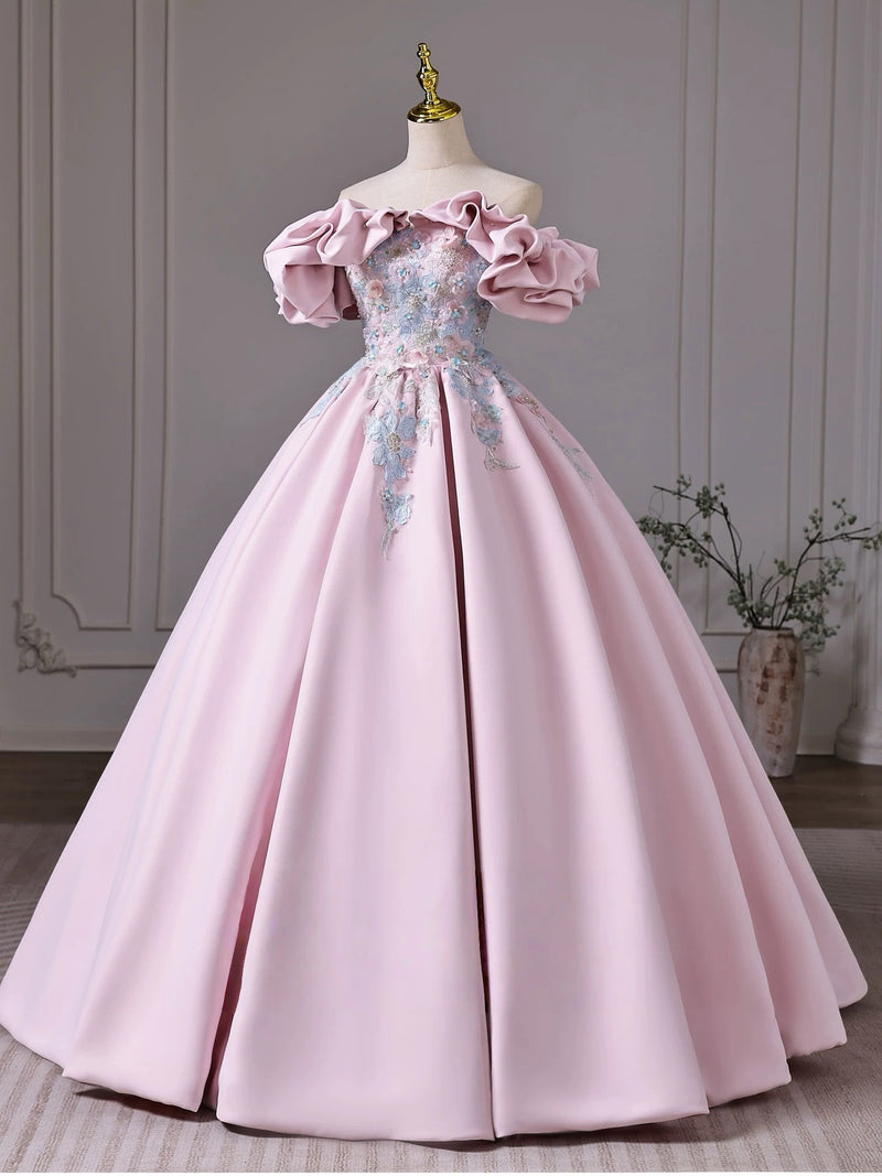 A-Line Off Shoulder Lace Applique Pink Long Prom Dress