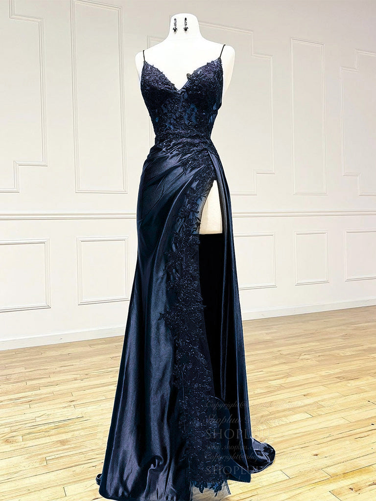 Dark Blue Lace Mermaid Long Prom Dress Blue Evening Dress – shopluu