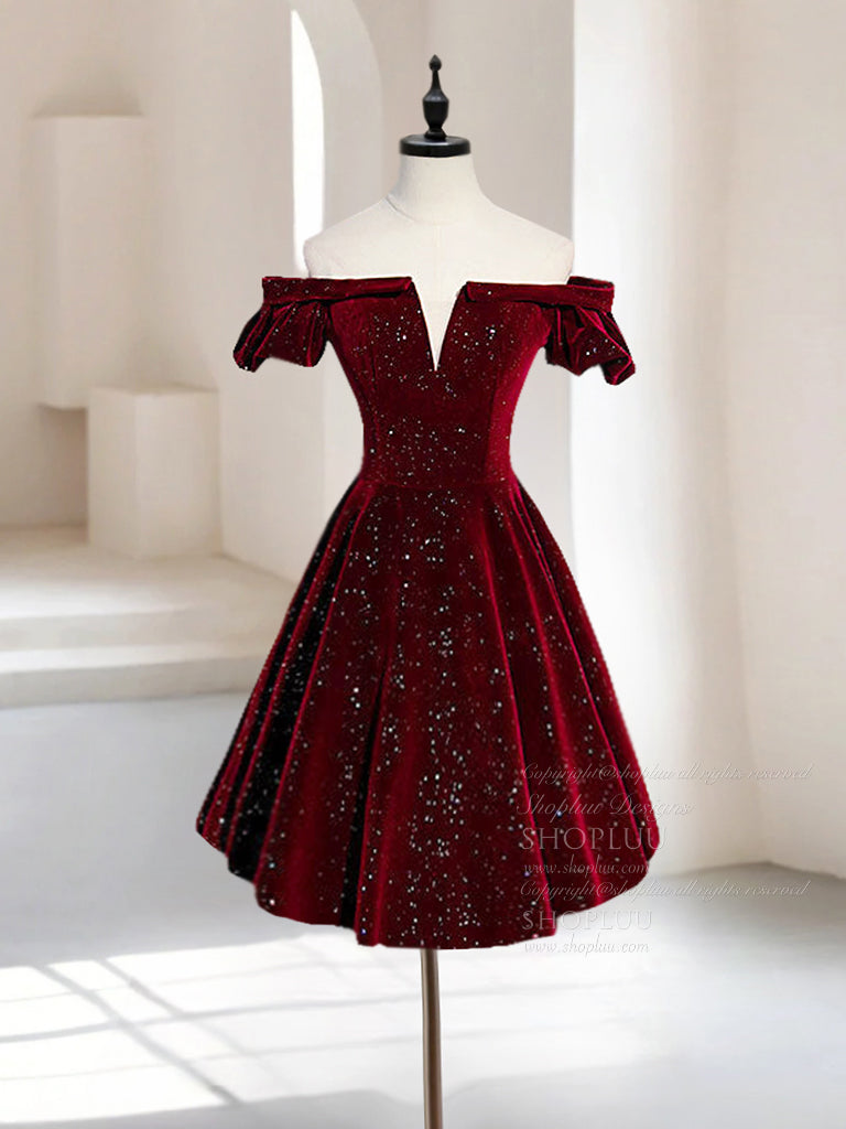 A-Line Off Shoulder Velvet Burgundy Short Prom Dress, Burgundy Homecoming Dress